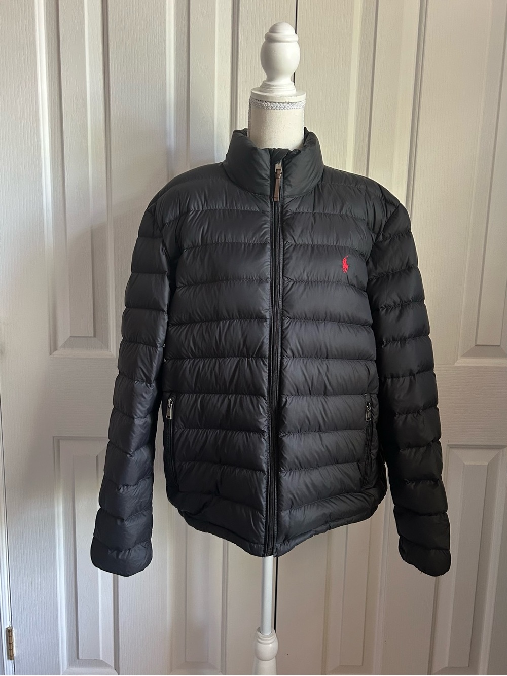 POLO RALPH LAUREN THE COLDEN Men Quilted Puffer Jacket, Red Logo, Black, Large